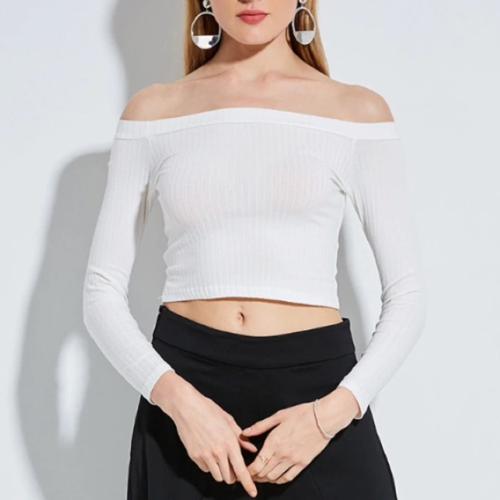 Women’s White Off Shoulder Long Sleeve Crop Top - Picture 2 of 8